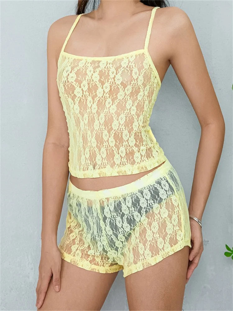 JuliaFashion - Lace Floral Mesh See Through  Tops High Waist Shorts Suits