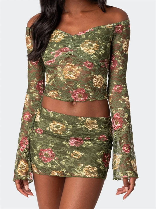 JuliaFashion - Retro Floral Ruched Off Shoulder Lace T-shirts Mini Skirts Suits