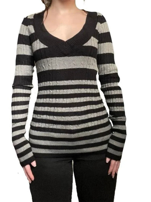 JuliaFashion - Retro Long Sleeve Striped Knitted Pullovers Basic Casual Fall Aesthetic Female V-neck Sweater