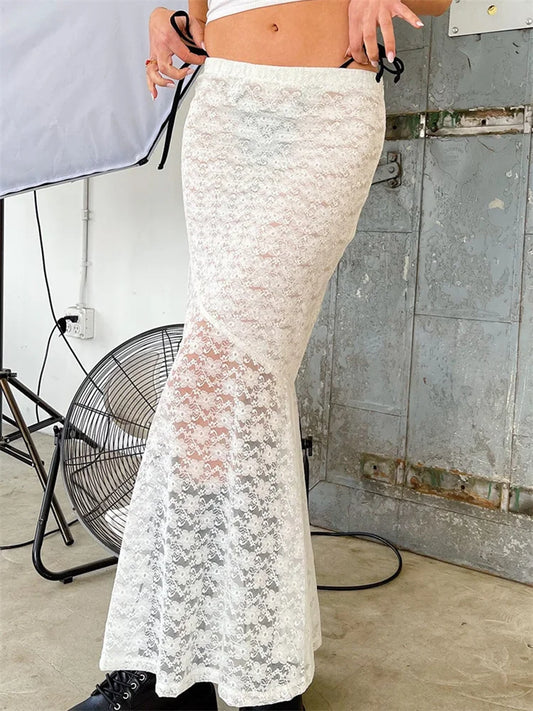 JuliaFashion - Retro Y2K Fairy  Long Vintage Lace Floral Mesh Sheer See Through Bow Tie Up Beachwear Skirts
