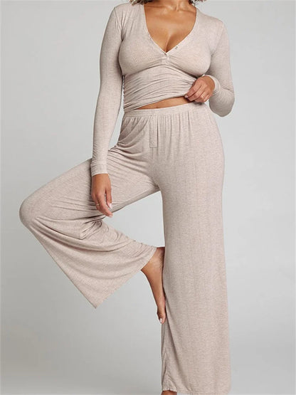 JuliaFashion - Ribbed Long Sleeve V-neck Buttons Up Tops High Waist Wide Leg Pants Suits