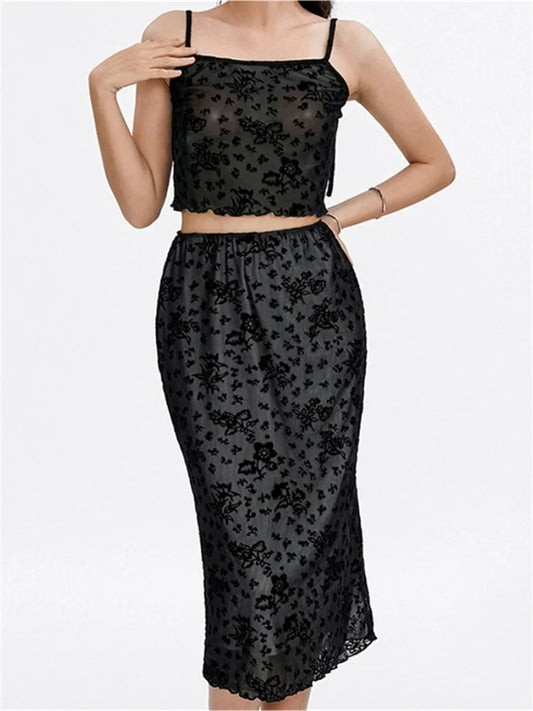 JuliaFashion - Sexy Floral Lace Strap Camis Crop Tops Mesh Long Skirts Suits