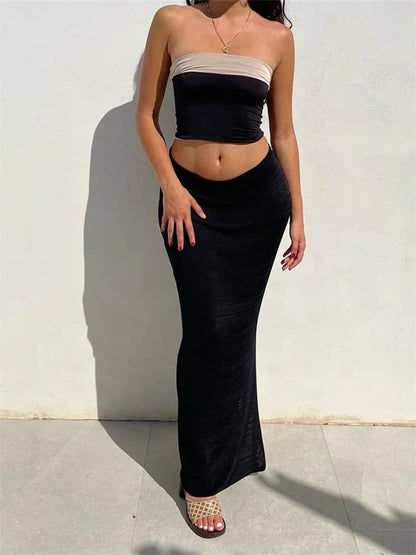 JuliaFashion - Sexy Strapless Off Shoulder Tops High Waist Side Split Skirts Suits