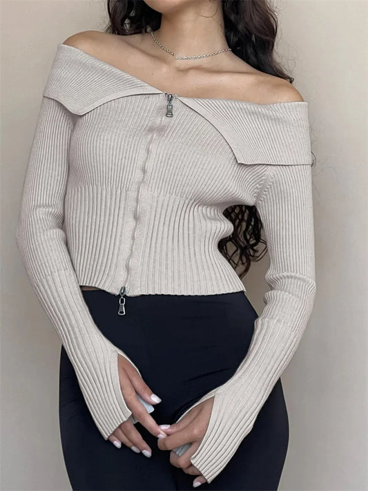 JuliaFashion - Sexy Basic Knitted Solid Long Sleeve Off Shoulder Casual Zipper Cardigan Sweater