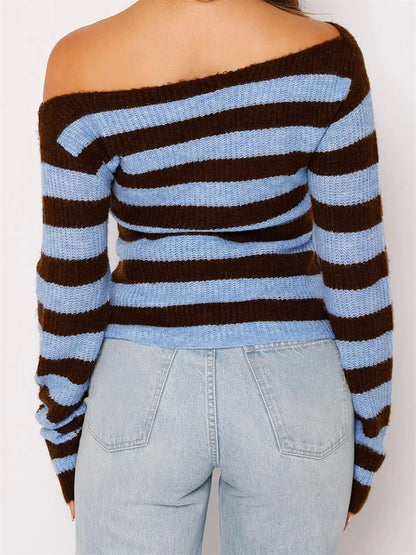 JuliaFashion - Sexy Off Shoulder Knitted Long Sleeve Crew Neck Striped Pullovers Autumn Winter Warm Sweater