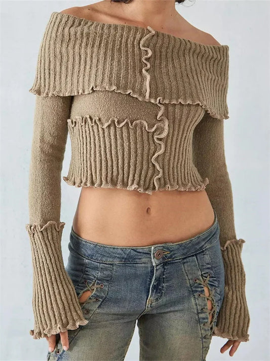 JuliaFashion - Sexy Off-Shoulder Solid Color Ribbed Pullovers Slash Neck Long Sleeve Ruffles Knitwear Sweater