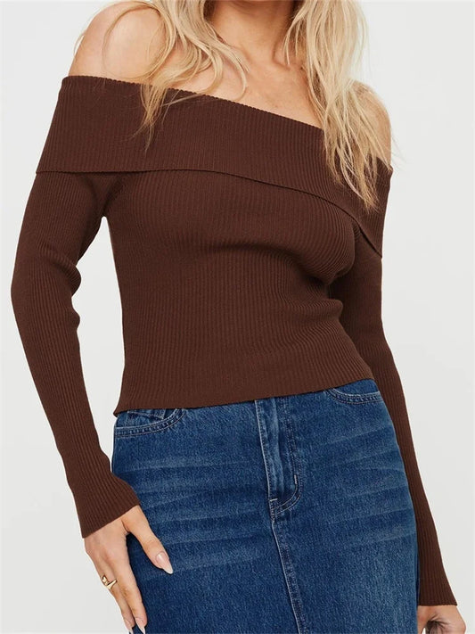 JuliaFashion - Sexy Slash Neck Off Shoulder Knitted Long Sleeve Solid Color Slim Fit Pullovers Ribbed Sweater
