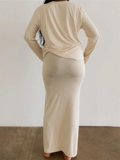 JuliaFashion - O-neck Long Sleeve Loose Casual T-Shirts Tops Long Skirts Suits