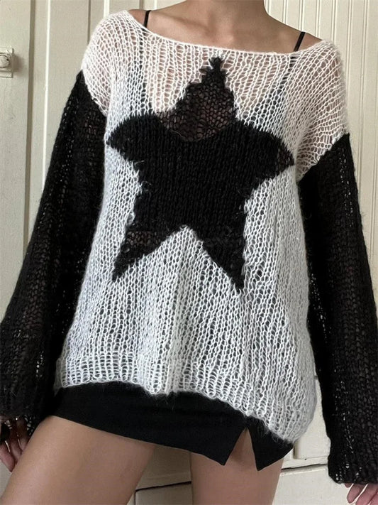 JuliaFashion - Star Knitted Patchwork Long Sleeve Loose Casual Spring Fall Pullovers Sweater