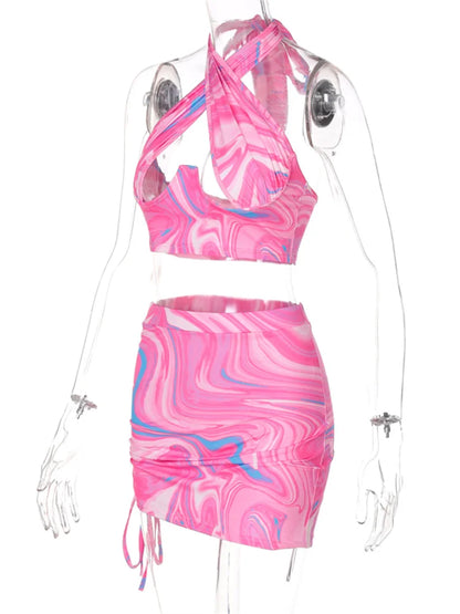 JuliaFashion - Criss-cross Halter Backless Tops High Waist Lace-up Skirts Suits