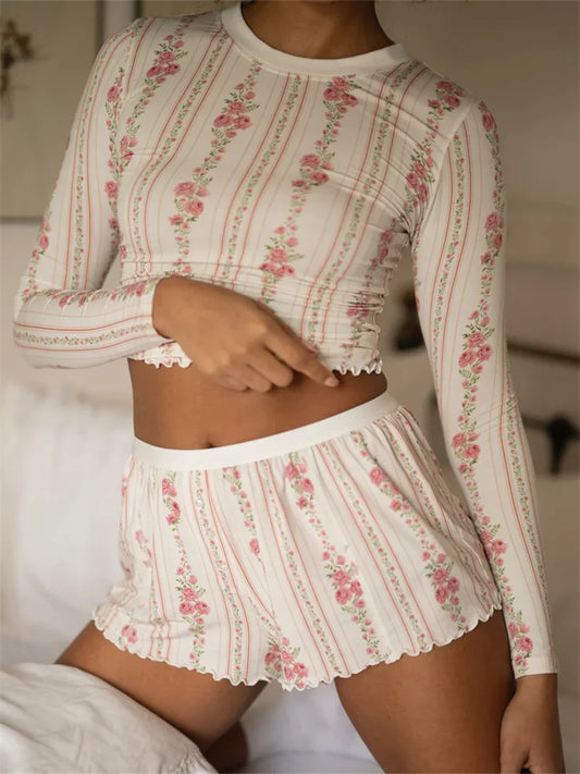 JuliaFashion - Vintage Pajama O-neck Crop Tops Elastic Shorts Sleepwear Suits
