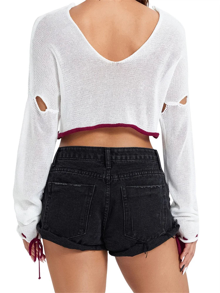 JuliaFashion - Vintage Bow Patchwork Long Sleeve Cutout Knitted Backless Summer Pullovers Sweater