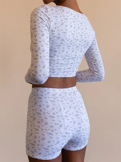 JuliaFashion - Floral Print Low Cut Buttons Up T-shirts Tops High Waist Shorts Suits