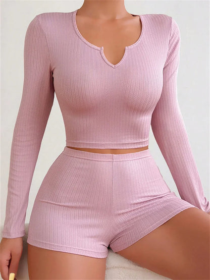 JuliaFashion - Long Sleeve Casual Ribbed Knitted Cropped Loungewear Suits