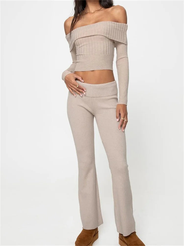JuliaFashion - Off Shoulder Slash Neck Long Sleeve Sweaters Crop Tops Pants Set Suits