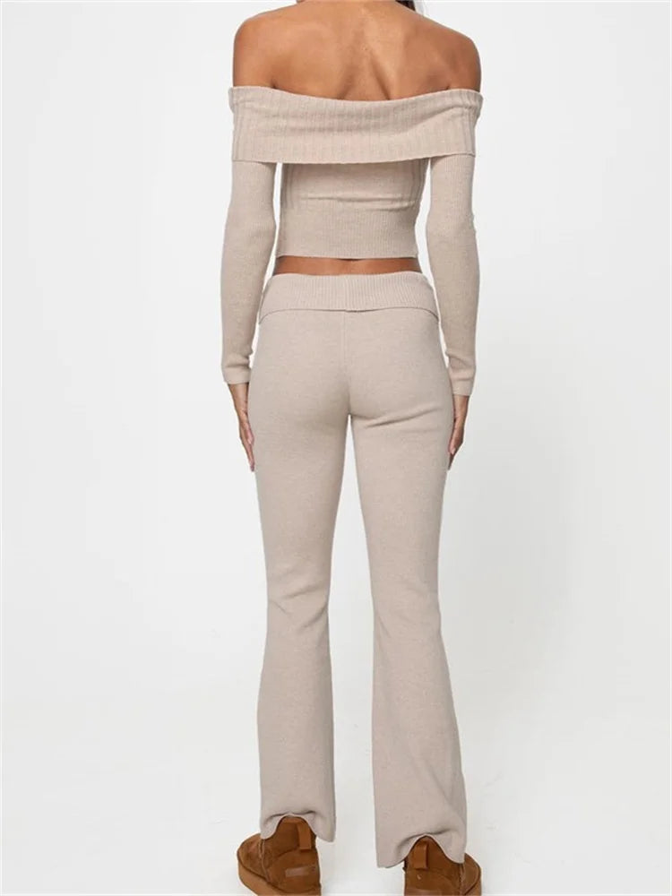 JuliaFashion - Off Shoulder Slash Neck Long Sleeve Sweaters Crop Tops Pants Set Suits