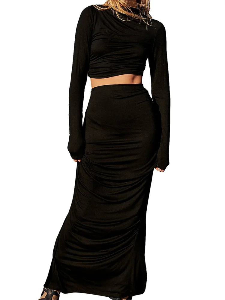 JuliaFashion - Backless Long Sleeves Ruched T-shirts High Waist Split Long Skirts Suits