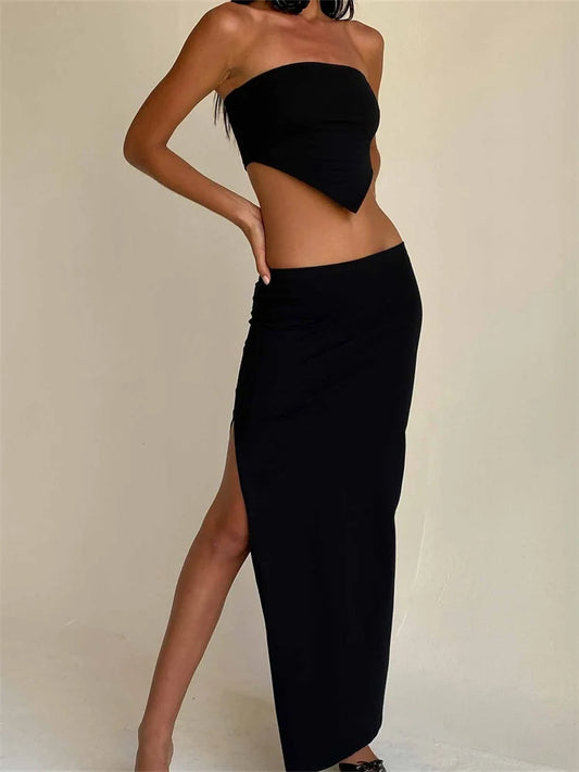JuliaFashion - Off Shoulder Irregular Hem Tops Side Split Long Skirts Suits