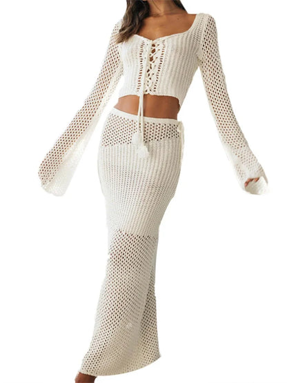 JuliaFashion - Knitted Front Criss-Cross Sweaters Beach Cover Ups Suits
