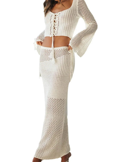 JuliaFashion - Knitted Front Criss-Cross Sweaters Beach Cover Ups Suits
