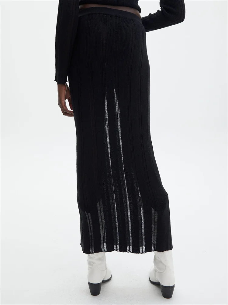 JuliaFashion - Mesh  Long Sleeve Sweater High Waist Long Skirts Suits