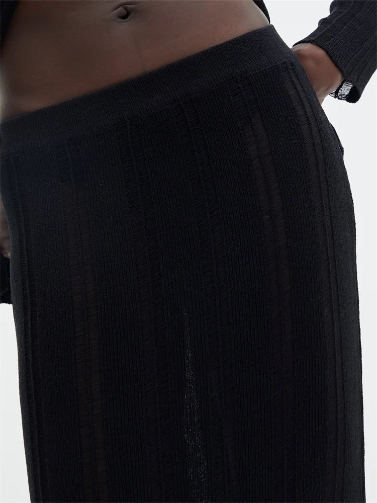 JuliaFashion - Mesh  Long Sleeve Sweater High Waist Long Skirts Suits