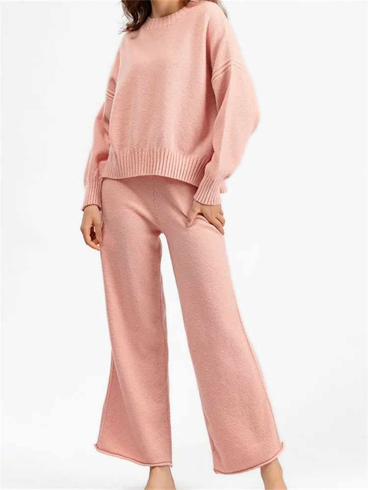 JuliaFashion - Solid Round Neck Sweaters Tops Wide Leg Pants Suits