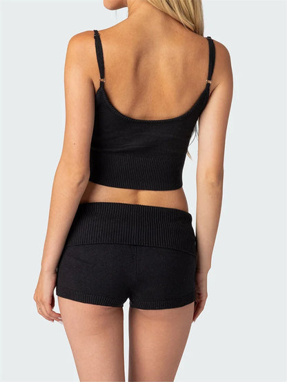 JuliaFashion - Casual Ribbed Sleeveless Knitted Camis Crop Tops Solid Color Shorts Suits