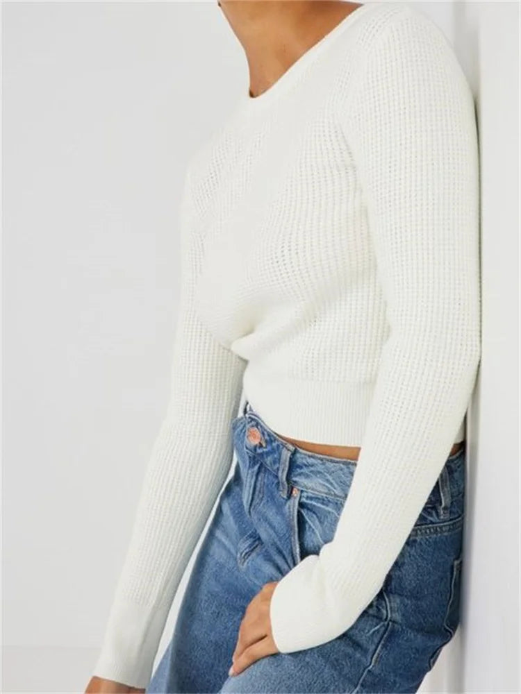 JuliaFashion - Casual Ruched Long Sleeve Spring Fall Solid Slim Fit Female Knitted Sweater