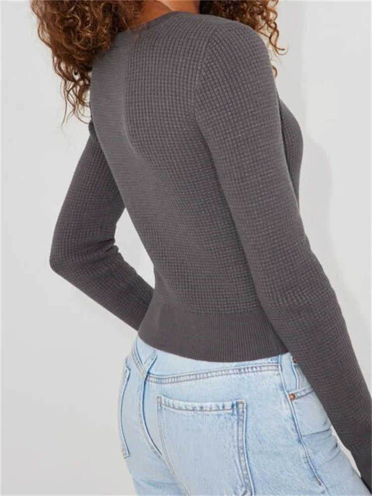 JuliaFashion - Casual Ruched Long Sleeve Spring Fall Solid Slim Fit Female Knitted Sweater