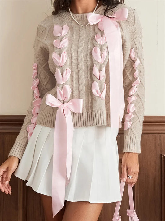 JuliaFashion - Criss-cross Ribbon Round Neck Long Sleeve 3D Bow Cable Knitted Pullovers Fall Winter Sweater