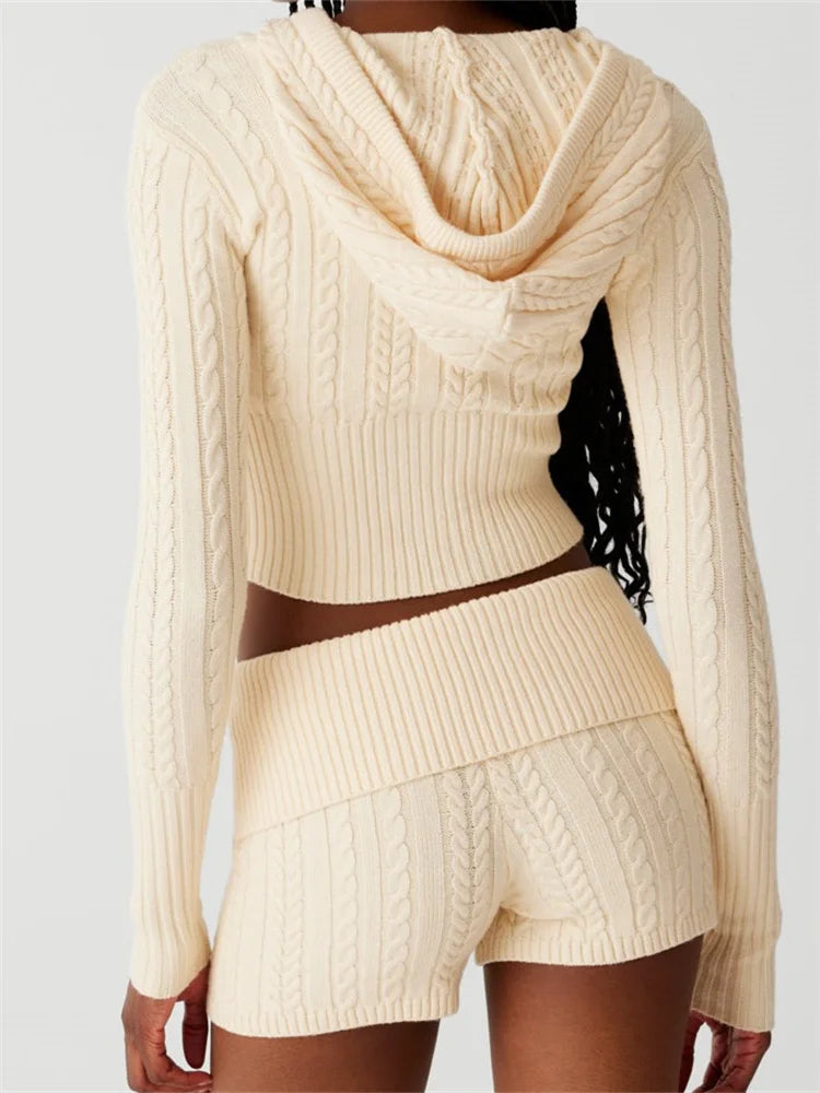 JuliaFashion - Solid Color Hooded Slim Knitted Sweaters Cardigan Shorts Suits