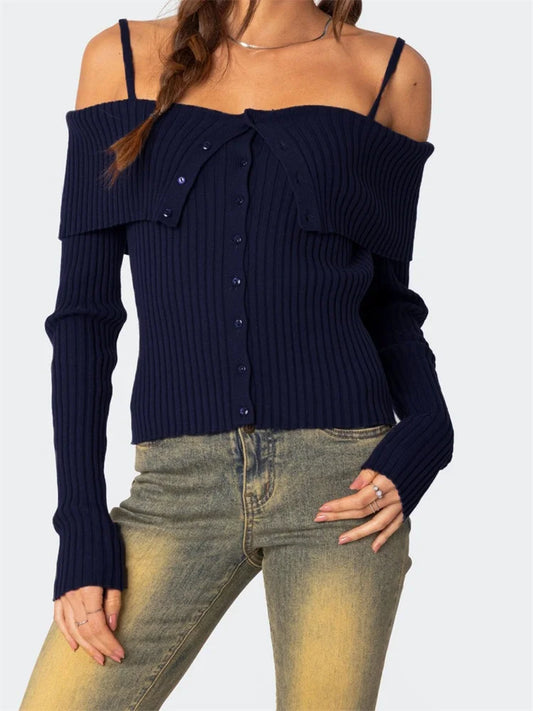 JuliaFashion - Fall Slim Knitted Solid Color Off Shoulder Strap Long Sleeve Knitwear Ribbed Buttons Up Pullovers Sweater