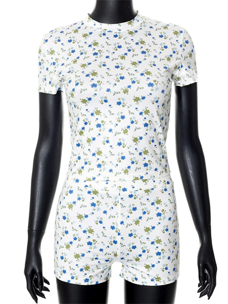 JuliaFashion - Fashion Flower Print Short Sleeve  T-shirts High Waist Shorts Suits