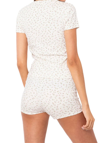 JuliaFashion - Fashion Flower Print Short Sleeve  T-shirts High Waist Shorts Suits