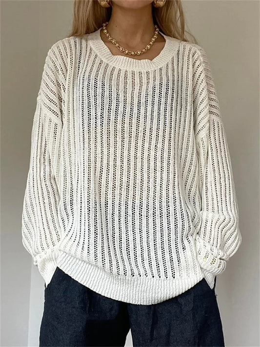 JuliaFashion - Hollow Out Knitted Long Sleeve Round Neck Solid Color Pullovers Fall Winter Loose Casual Sweater