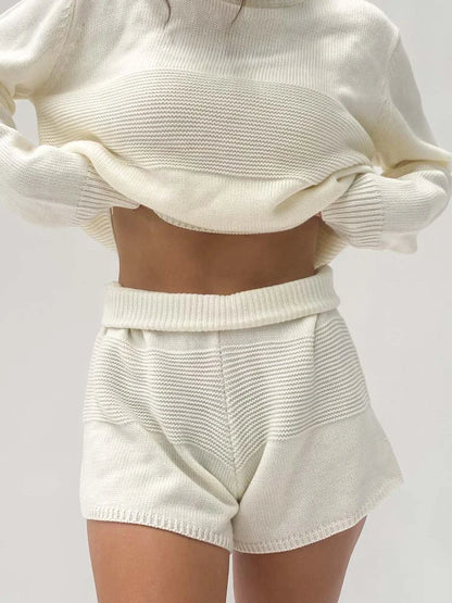 JuliaFashion - Long Sleeve Knitted Fall Sweaters Shorts Suits