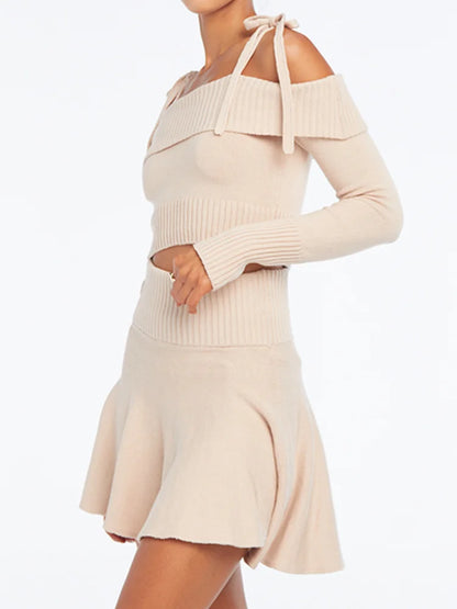 JuliaFashion - Knitted Off-shoulder Sweaters Crop Tops Suits