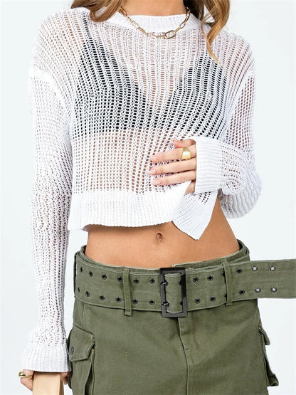 Asymmetrical Hem Cutout Casual Basic Knitted Long Sleeve Solid Split Pullovers Sweater