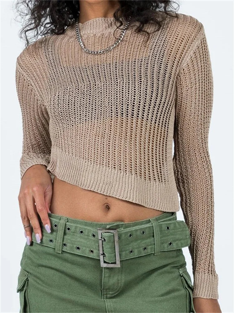Asymmetrical Hem Cutout Casual Basic Knitted Long Sleeve Solid Split Pullovers Sweater