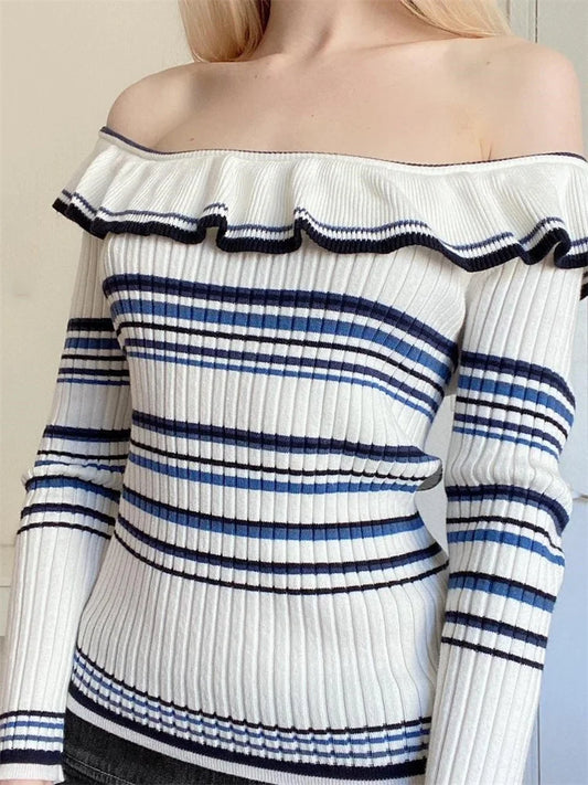 JuliaFashion - Knitted Off Shoulder Slash Neck Ruffles Striped Print Pullovers Long Sleeve Knitwear Clubwear Sweater