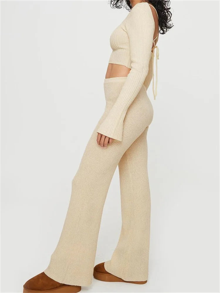 JuliaFashion - Knitted Ribbed Flare Sleeve Square Neck Tie-up Sweaters  Pants Suits