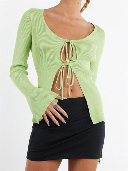 JuliaFashion - Knitted Ribbed Cardigan Long Sleeve Front Split Tie-up Slim Fit Solid Aesthetic Sweater