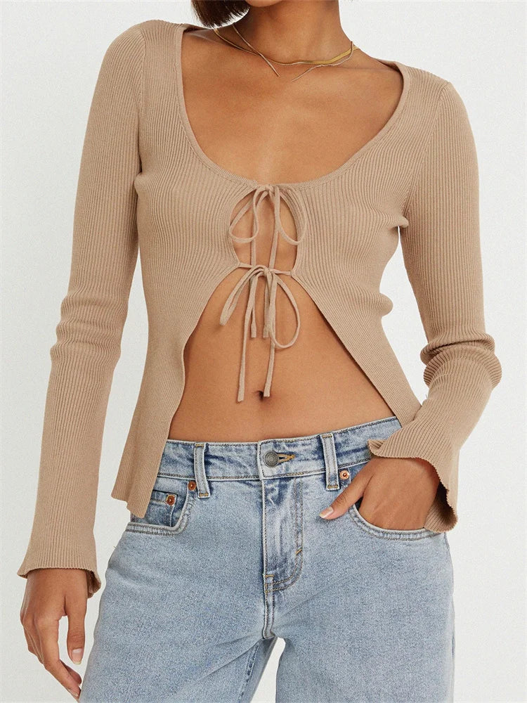 JuliaFashion - Knitted Ribbed Cardigan Long Sleeve Front Split Tie-up Slim Fit Solid Aesthetic Sweater