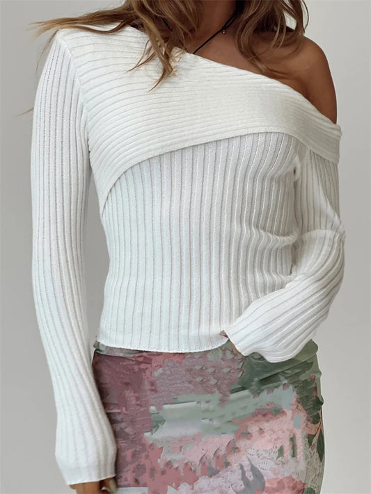 Solid Off Shoulder Knitted Ribbed Long Sleeve Pullovers Spring Autumn Slim Fit Sweater