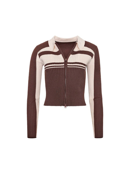 JuliaFashion - Contrast Color Knitted Front Zip Up Sweaters Tops Suits