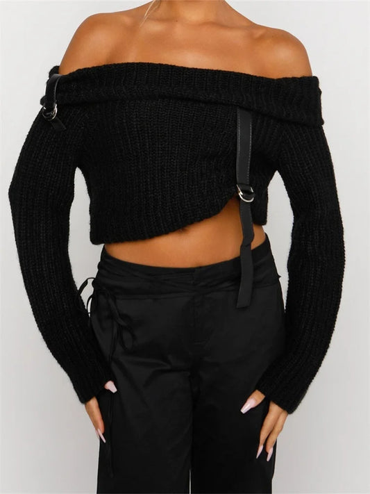 JuliaFashion - Knitted Long Sleeve Slash Neck Off Shoulder Pullovers Spring Fall Cropped Sweater