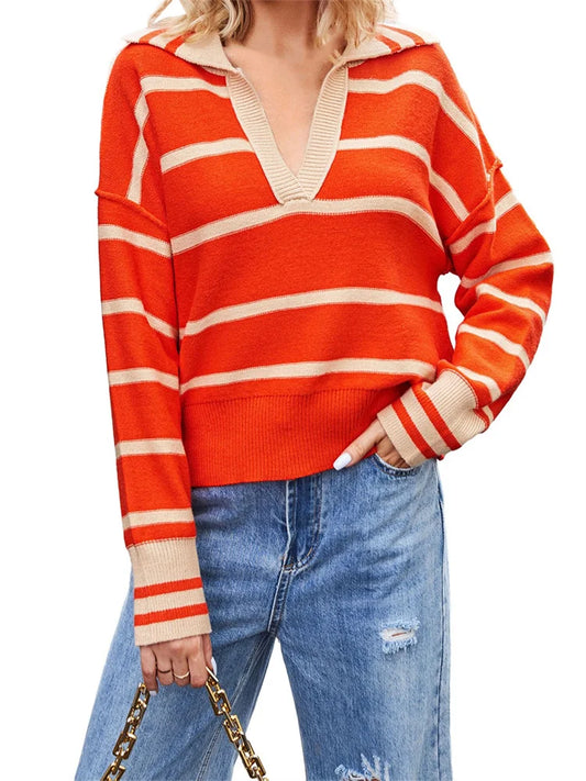 JuliaFashion - Knitted Long Sleeve Turn-down Collar Loose Casual Fall Striped Pullovers Sweater