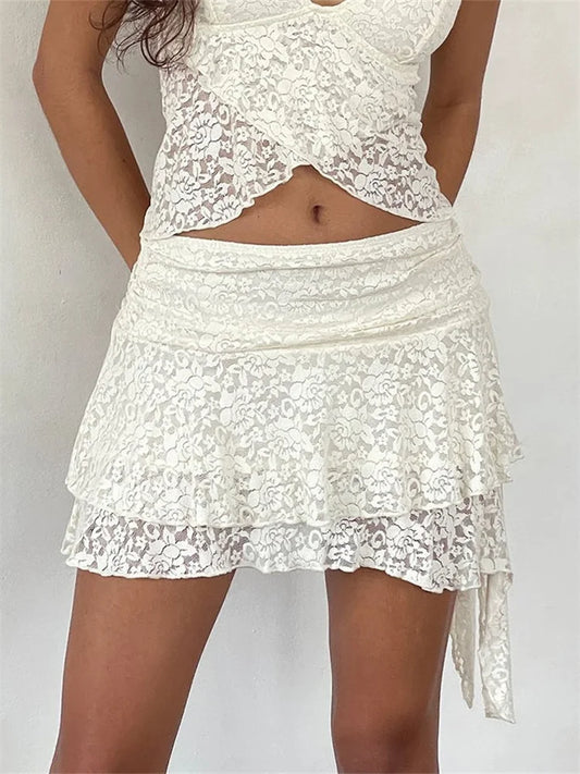 Lace Mini Flower Embroidery Frill Layered Low Waist Irregular Hem Short Summer Party Clubwear Skirts