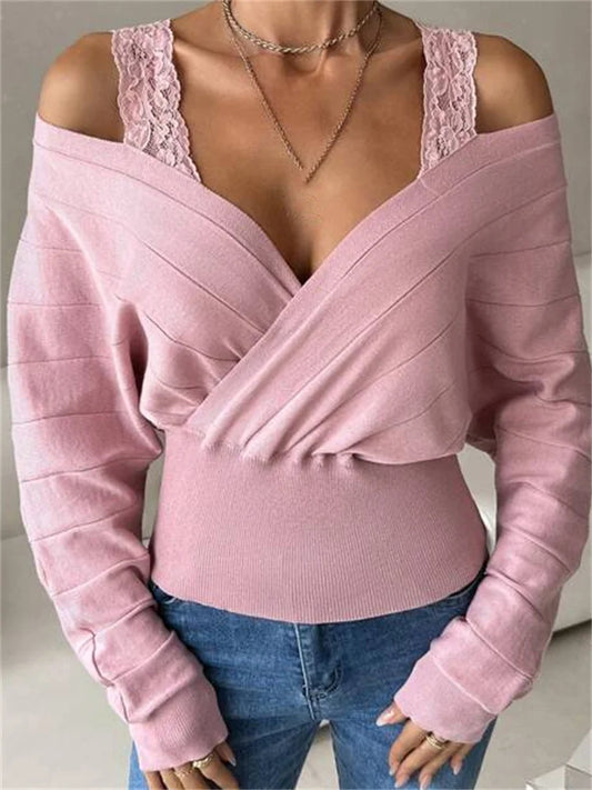 JuliaFashion - Lace Patchwork Off Shoulder Long Sleeve V Neck Solid Color Knitted Pullovers Loose Sweater